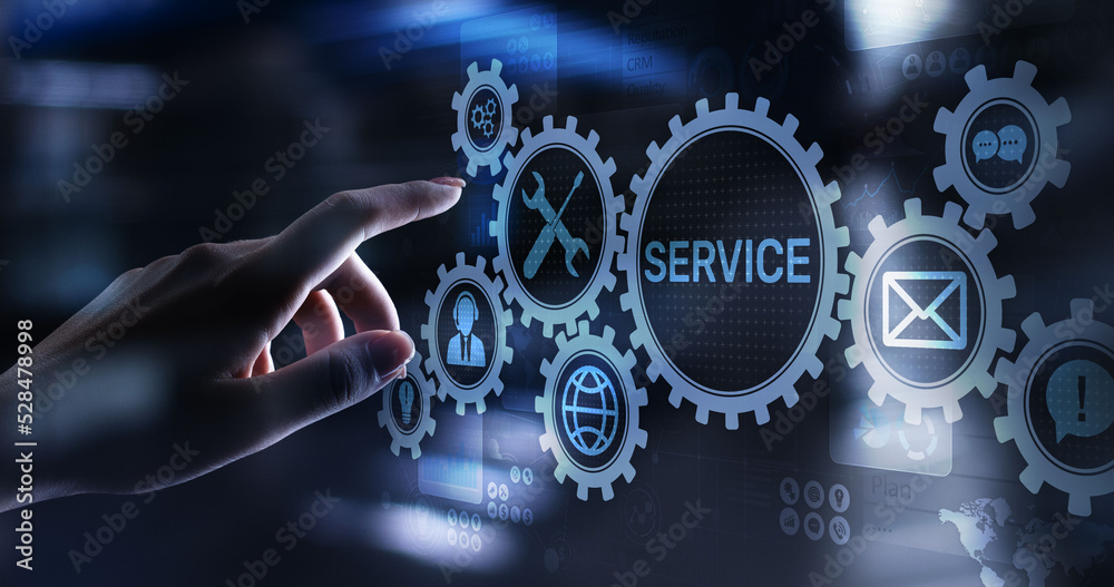 Poster Service support customer help call center Business technology button on virtual screen.