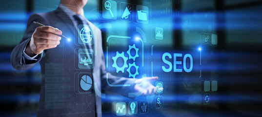 SEO Search engine optimisation online digital internet marketing concept on virtual screen.