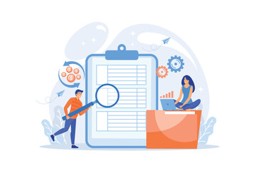 Financial analyst with magnifier looking at cash flow statement on clipboard. Cash flow statement, cash flow management, financial plan concept.flat vector modern illustration