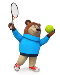 3d illustration brown bear toy play tennis