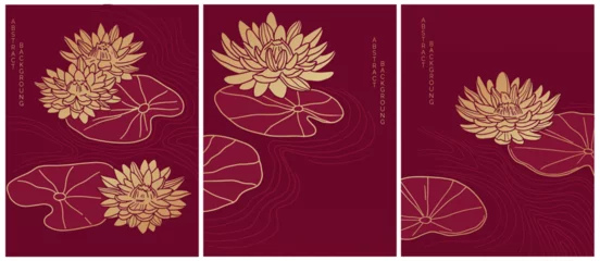 Foto op Canvas abstract art collection in asian style of water lily, red and gold © Анна Удод