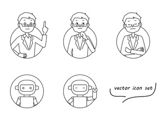 先生とロボットのアイコンイラストセット（白背景・ベクター・線画・切り抜き）