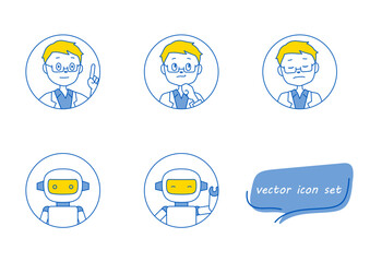 先生とロボットのアイコンイラストセット（白背景・ベクター・切り抜き）