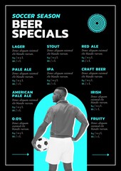 Composition of soccer season beer specials text over african american football player
