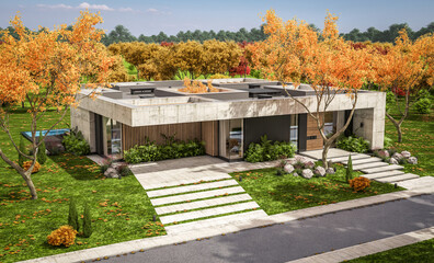 3d rendering of new concrete house in modern style with pool and parking for sale or rent and beautiful landscaping on background. The house has only one floor Clear sunny autumn day with golden leavs