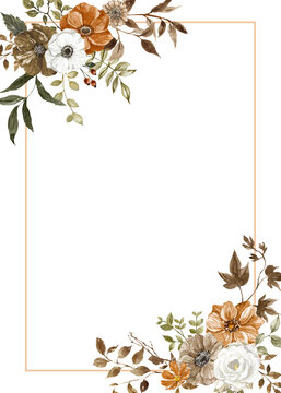 Floral border with rust, brown and white flowers and tree leaves. Fall botanical rectangle frame. Watercolor hand-painted illustration.