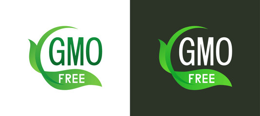 GMO Free vector Seal illustration. Round Label with Green Leaves for Advertising of Eco and Natural production.