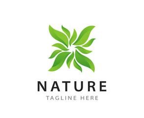 Ecology logotype with green leaves in creative round shape. Seal with text caption - Name and Description or Slogan.