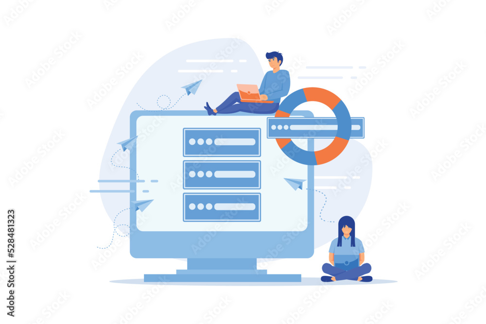Poster tiny people programmers with laptops save data on backup server with lifebuoy. backup server, online
