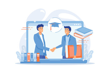 Teacher with books helping student at online lesson on laptop screen. Online tutor, on-demand homework help, english teacher online concept. flat vector modern illustration