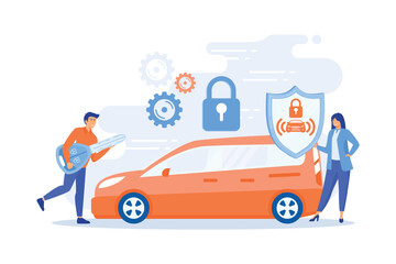 Businessman with car remote key and woman with shield at car with padlock. Car alarm system, anti-theft system, vehicle thefts statistics concept.flat vector modern illustration
