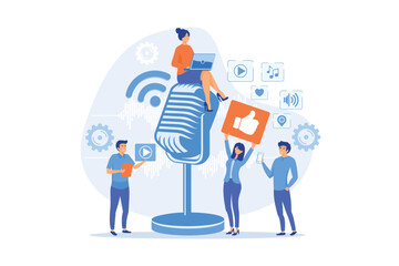 Radio advertising. Broadcasting station. Mass media marketing. Podcast content, marketing podcasts production, your content strategy concept.flat vector modern illustration