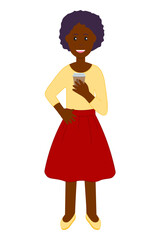 Happy smiling trendy black girl holding coffee cup and other hand on his belt. Male character design illustration. Modern lifestyle, food and drink concept.