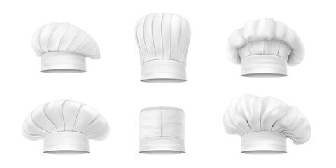 White chef s hat different shape set realistic  illustration. Collection cook caps and baker toques headdress for kitchen staff. Restaurant cafe catering and culinary baking uniform headwear - obrazy, fototapety, plakaty