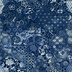 Traditional Japanese blue fabric patchwork wallpaper grunge abstract vector  seamless pattern  - obrazy, fototapety, plakaty