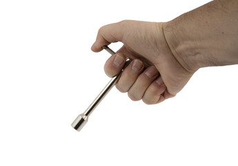 A socket wrench in the hand of a man on a transparent background