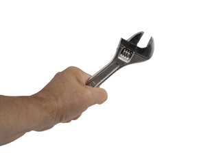 A wrench in the hand of a man on a transparent background