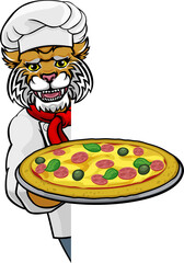 Wildcat Pizza Chef Cartoon Restaurant Mascot Sign