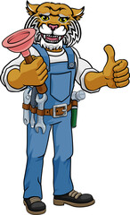 Wildcat Plumber Cartoon Mascot Holding Plunger