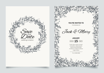 Wedding invitation card template design. Hand drawn flowers with white and black berry and leaf. Vector elegant rustic template