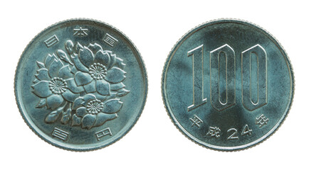 100 japanese yen coin isolated with clipping path