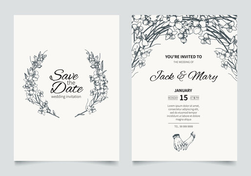 Wedding invitation card template design. Hand drawn flowers with white and black berry and leaf. Vector elegant rustic template