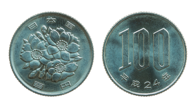 100 japanese yen coin isolated with clipping path