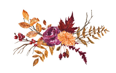 Fototapeta premium Autumn floral arrangement, watercolor hand-painted illustration. Burgundy and orange flowers, dry leaves, berries and branches, isolated on white background.