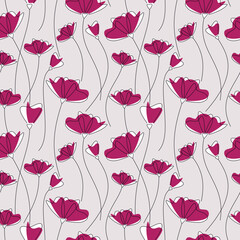 Purple linear flowers seamless pattern. Abstract floral line vector illustration. Botanical outline backdrop. Wallpaper, background, fabric, textile, print, wrapping paper or package design.