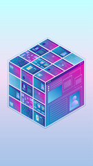 Blockchain concept art. Isometric digital block with cloud information base