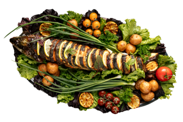 Grilled sliced fish banquet dish with vegetables