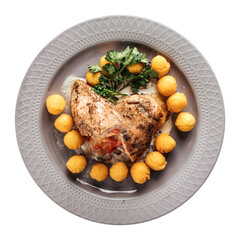 Portion of baked chicken breast with cheese balls