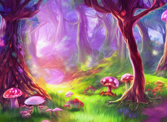 Watercolor and oil fantasy forest landscape, magic trees, mushrooms, glowing. Digital painting illustration concept art of mystic nature, outdoor drawing wall art print. Wonderland fairy tale artwork