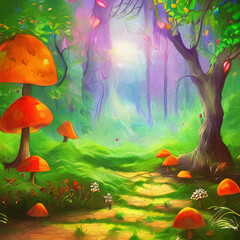 Obraz na płótnie Canvas Watercolor and oil fantasy forest landscape, magic trees, mushrooms, glowing. Digital painting illustration concept art of mystic nature, outdoor drawing wall art print. Wonderland fairy tale artwork
