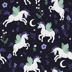 Seamless pattern with winged unicorns, stars and flowers. Vector graphics. © Екатерина Зирина