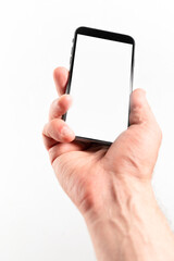 Man hand using smartphone on white background. Closeup shot of man hand holding a smartphone