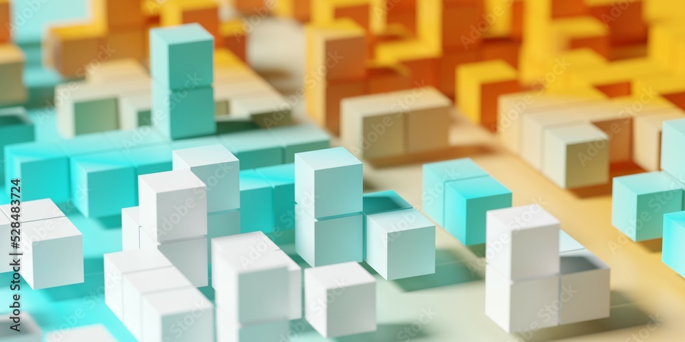 Poster stacks of cubes with different height on white background, abstract modern data visualisation, scien