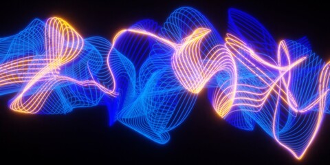 Set of glowing blue and orange twirling mesh array lines on black background, abstract modern data visualisation, science, research or business datum concept