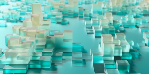 Data blocks of cyan and white cubes or boxes array on cyan background, abstract modern data visualisation, science, research or business datum concept, selective focus