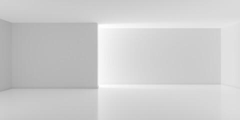 Empty white interior room with indirect light from behind divider wall, modern architecture template background