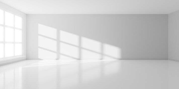 Empty white interior room with sun shining thru large window and reflective floor, modern architecture template background
