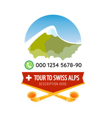 Poster for tours to the Swiss Alps with mountain view, the national flag, space for phone number and copy space. Travel banner vector illustration isolated on white background.