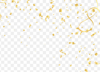 Fototapeta premium Falling shiny golden confetti isolated on transparent background.VIP flying sparkle elements, gold foil texture serpentine streamers confetti falling new year vector.
