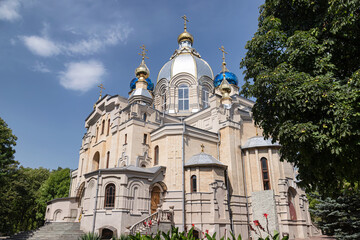 The Orthodox church of healer Panteleimon . A brick-built temple with several domes decorated with crosses