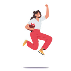 Fototapeta na wymiar Happy Student Female Character Jumping with Textbooks in Hand. Schoolgirl Greeting New Educational Year. Back to School