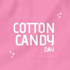 Illustration of cotton candy day text in white color stars over pink background, copy space