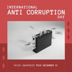 Composite of international anti corruption day text, dollar bills spilling out of briefcase on table