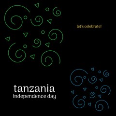 Lets celebrate, tanzania independence day text with abstract designs over black background