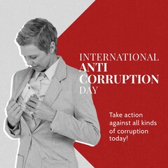 Composite of international anti corruption day and businesswoman with short hair hiding dollar bills