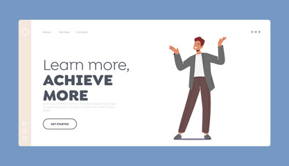 Learn and Achieve Landing Page Template. Adult Office Employee Man in Formal Clothes Smile and Gesturing Hands